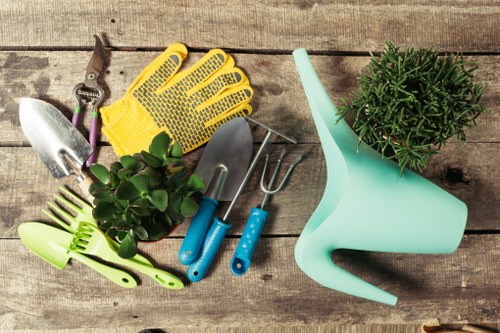 An assortment of gardening tools and accessories arranged on a weathered wooden surface, including a pair of yellow gardening gloves, a small metal hand trowel, a pruning shear, a hand rake, and a secateur with blue handles. Additionally, there is a light blue plastic watering can with a rounded spout, positioned next to a small, vibrant green potted plant with dense, needle-like foliage. The tools and watering can are placed in a casual, slightly overlapping manner, suggesting recent gardening activity in a residential outdoor space within Hoxton or nearby East London. The natural tones of the weathered wood contrast with the bright colours of the tools and plant, highlighting a typical gardening setup suitable for garden maintenance or landscape improvement. This arrangement exemplifies well-organised gardening equipment used by local landscapers or homeowners engaged in garden care, with an emphasis on gardening services appropriate for the Hoxton area.