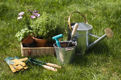 A neatly maintained backyard garden with a lush, green lawn bordered by a variety of potted plants, including flowering herbs and foliage, situated on a sunny day. In the foreground, there is a collection of gardening tools such as pruning shears, a small trowel, and gardening gloves placed on the grass. To the right, a metal watering can with a wooden handle and a smaller, round watering can sit next to a compact, rectangular flower bed lined with wooden edging, filled with soil and young plants. The background features a well-kept hedge or shrubbery that provides privacy and structure to the outdoor space. The scene is softly lit, highlighting the vibrant greens and subtle natural tones of the garden, supporting professional gardening and planting services by showcasing a well-organized and inviting outdoor environment in the Hoxton area.